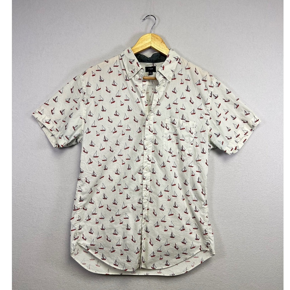 J Crew Short Sleeve Button Down Shirt Sailboat Print White Red Men's Size Medium
